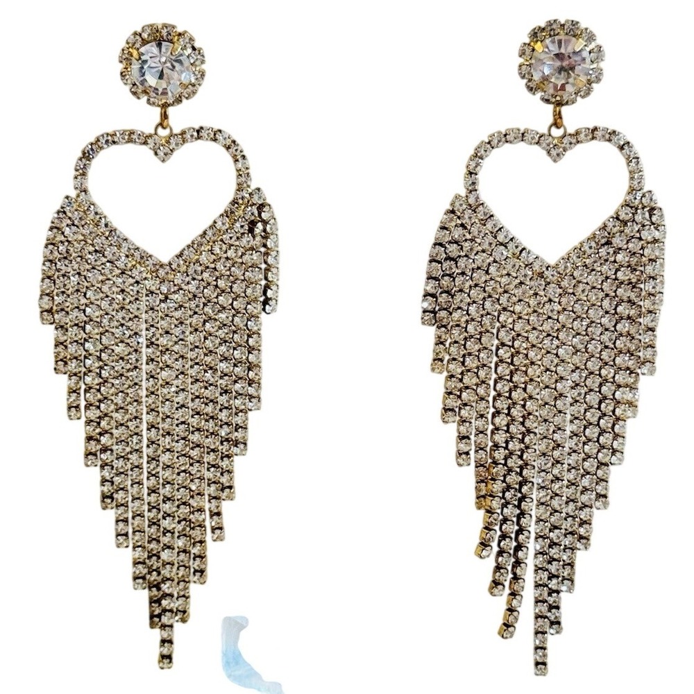 Heart‎ Chunky Waterfall Earrings Rhinestone Pierced dangle Statement Silver Y2K